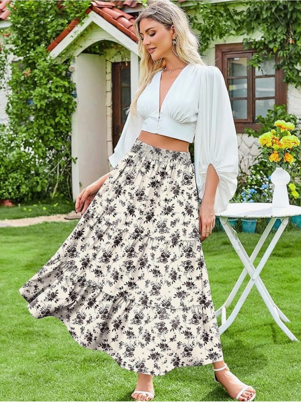 Tiered Floral Maxi Skirt in Cream and Black